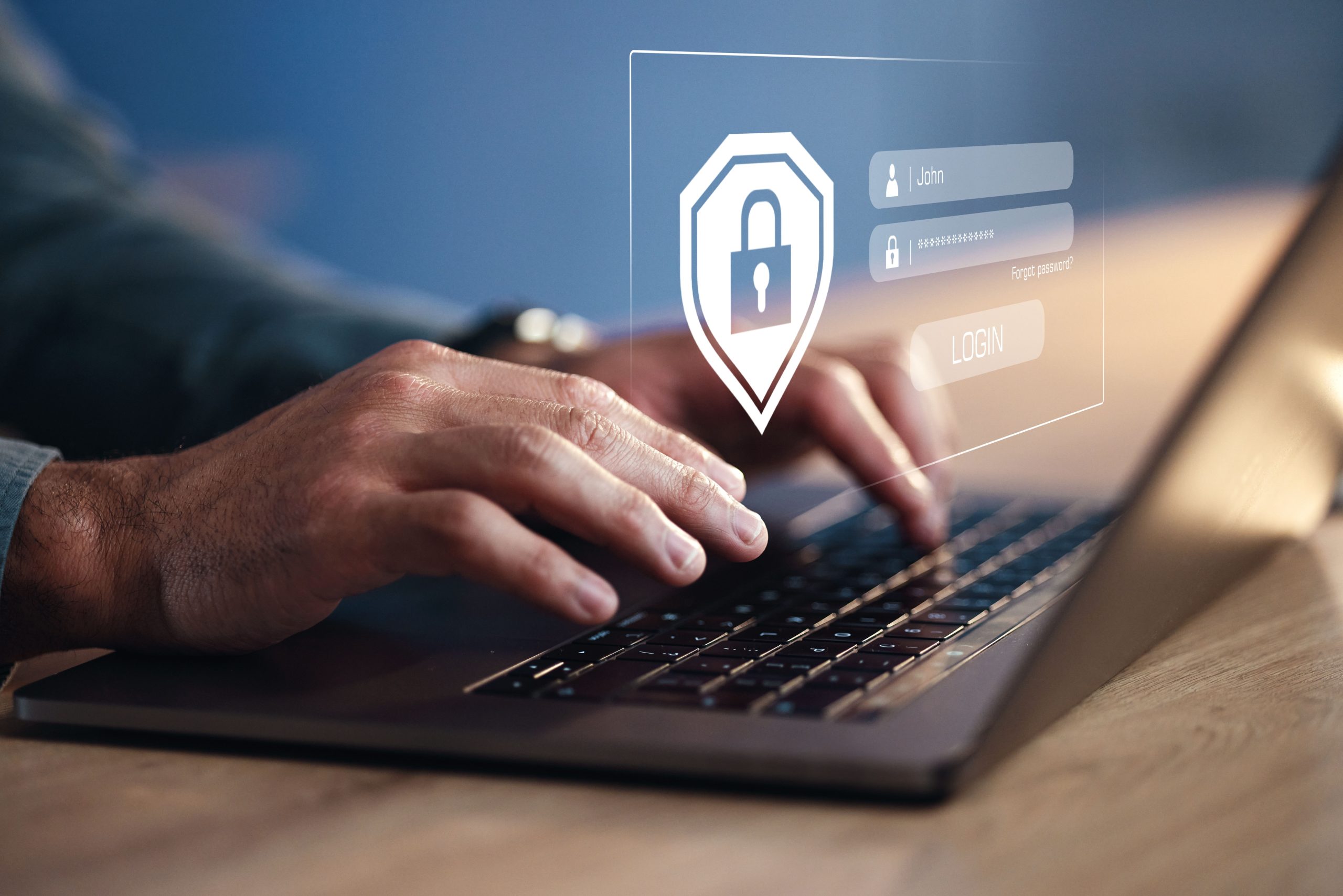 Hands,,Programmer,On,Laptop,And,Hologram,For,Password,Login,,Cyber