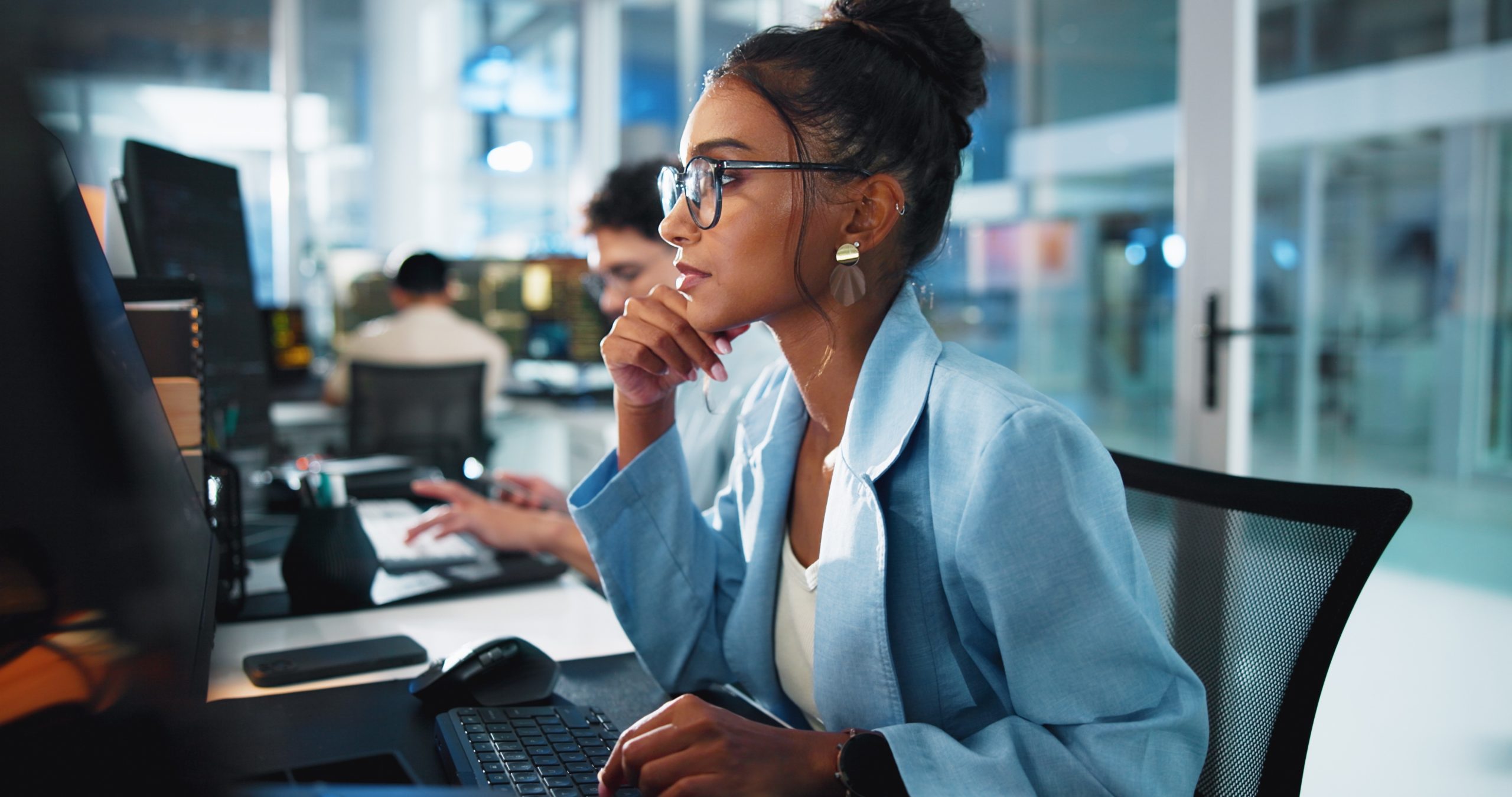 Thinking,,Programmer,And,Woman,With,Computer,,Office,And,Serious,For